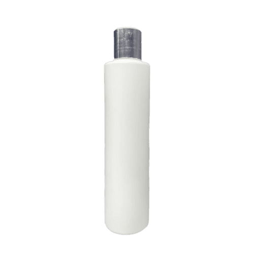 Frasco de 300ml para cosméticos, branco, com tampa branca e detalhe hot prata