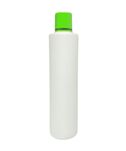 Frasco de 300ml para cosméticos, branco, com tampa verde e filete dourado