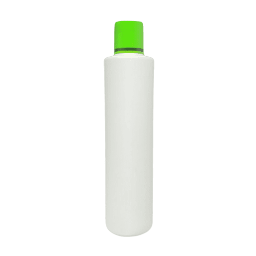 Frasco de 300ml para cosméticos, branco, com tampa verde e filete dourado