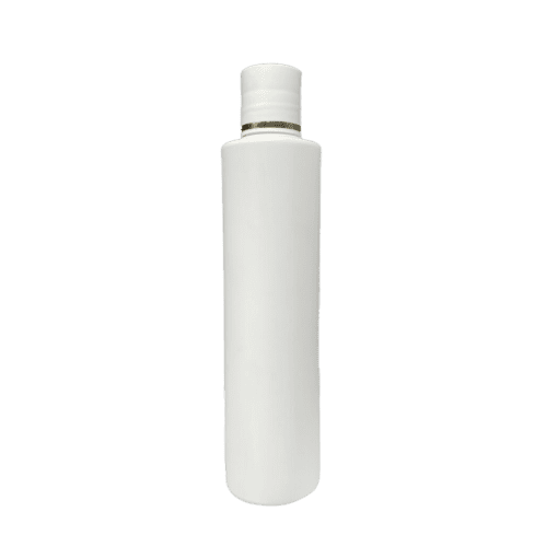 Frasco de 300ml para cosméticos, branco, com tampa branca e filete dourado