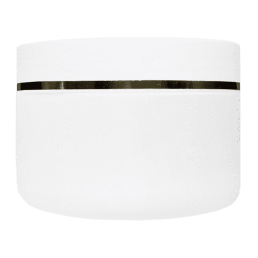 Pote de 300g para cosméticos, branco leitoso, com tampa branca e filete dourado