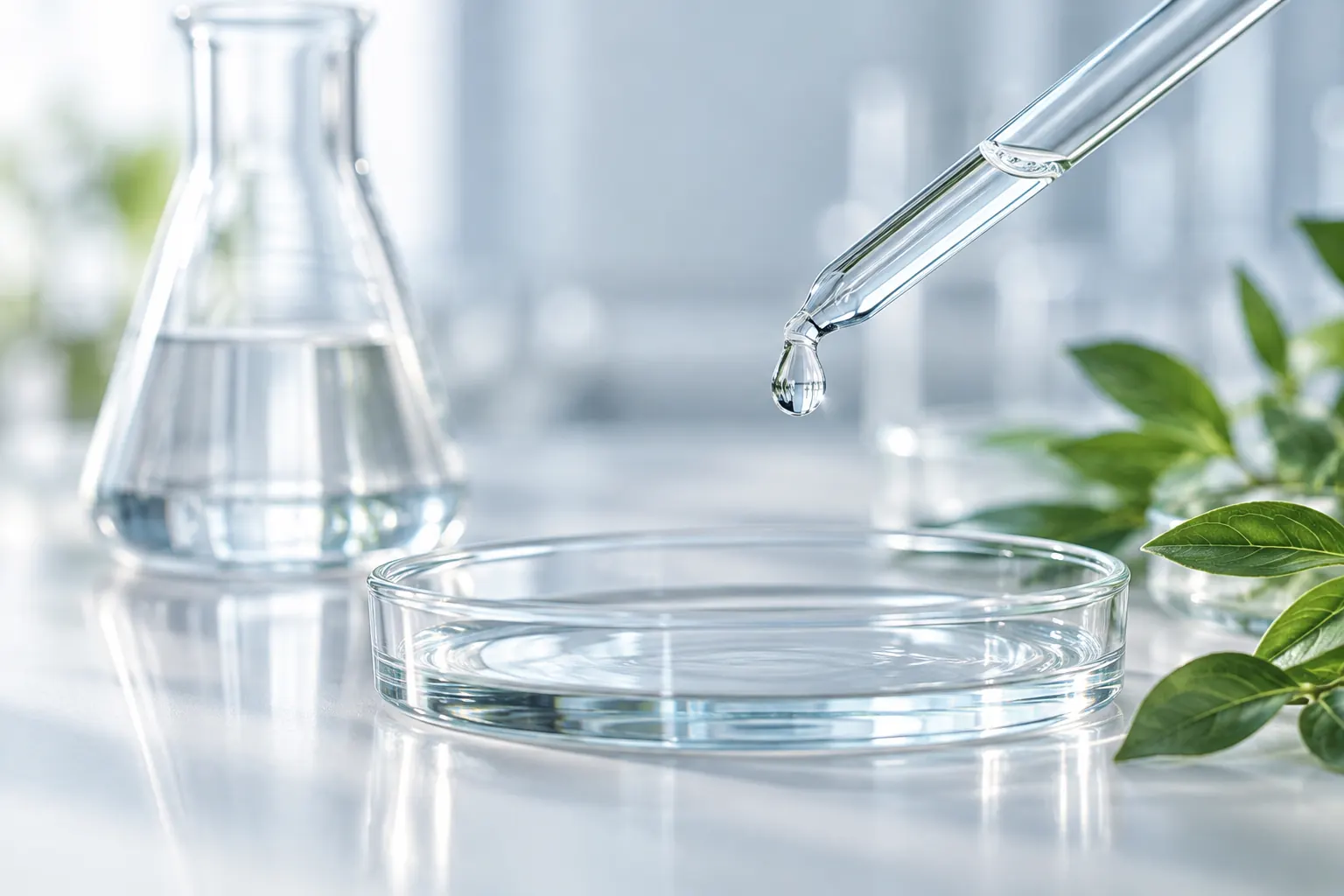 Pipeta com gota transparente em bancada de laboratório com frasco de vidro e folhas verdes