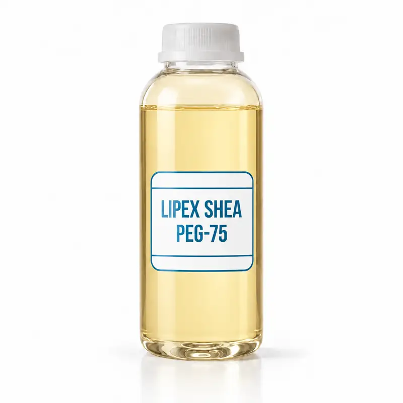 Lipex Shea PEG-75 frasco ilustrativo com líquido amarelo-claro e rótulo azul